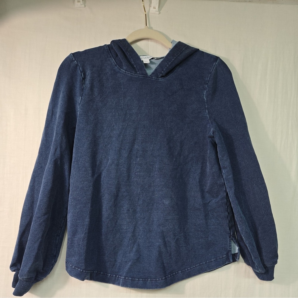 Chico's Pullover Women's 1 (M) LS Hoodie Top Blue Dark Denim Look Sweatshirt